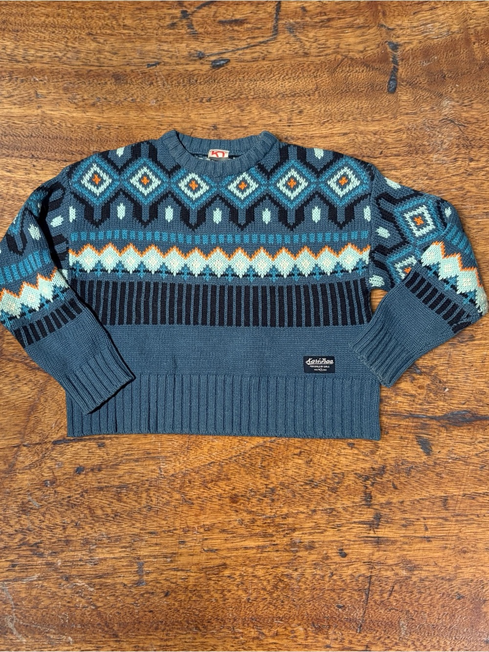 Kari Traa Mølster Knit Sweater Blue Geometric Fair Isle Ski Wool Blend Size M